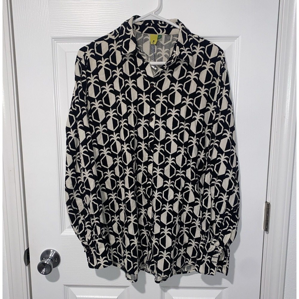 FARM Rio Black White Pineapple Geometric Linen Blend Button Up Shirt Top Medium